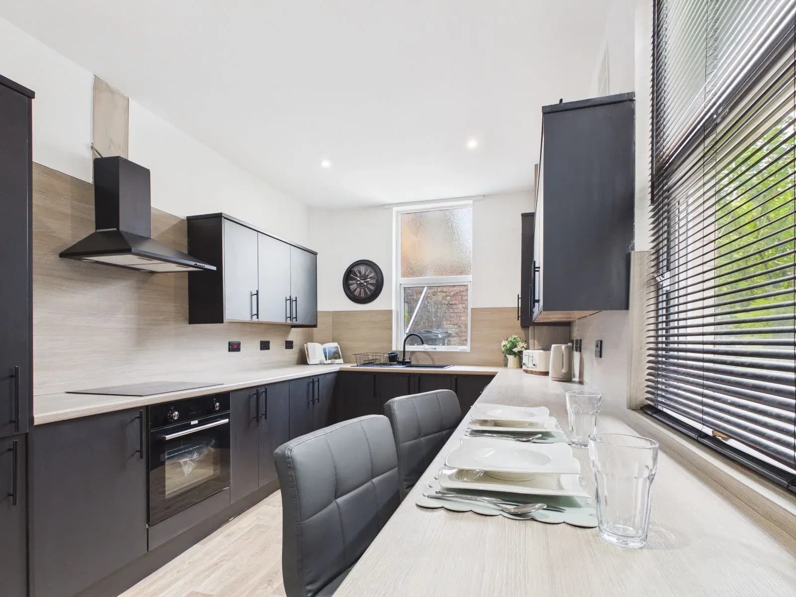 The completed kitchen and dining area, shown as the entry point to the interactive 360-degree tour.